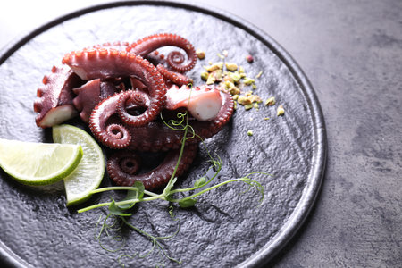 Tasty boiled octopus tentacles, microgreens, nuts and lime on gray table, closeupの写真素材