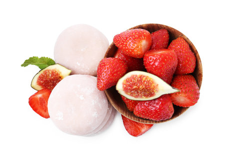 Delicious mochi, strawberries and figs isolated on white, top viewの写真素材