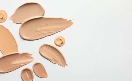 Samples of foundations on white background, top view