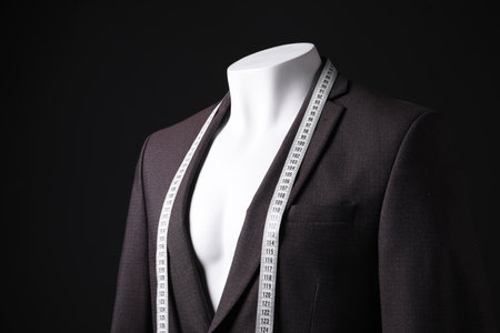 Male mannequin with jacket and measuring tape on black background, closeupの写真素材
