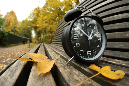 Autumn time. Alarm clock and fallen leaves on bench in park, wide angle lensの写真素材