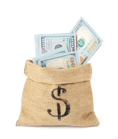 Dollar banknotes in bag isolated on whiteの写真素材