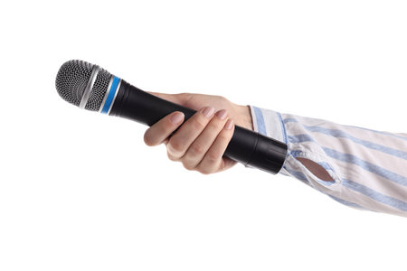 Woman with microphone on white background, closeupの写真素材