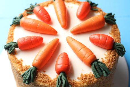 Delicious natural carrot cake on table, closeupの写真素材
