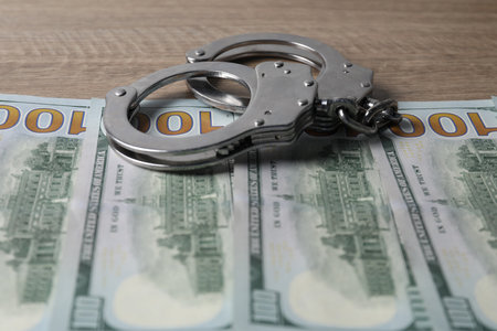 Corruption. Handcuffs and dollar banknotes on wooden table, closeup