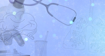 Stethoscope, microscope and illustrations of human brain and lungs on light blue background, banner design. Space for textの写真素材