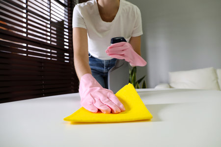 Young woman cleaning table with rag and spray in office, closeupの写真素材