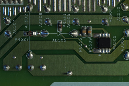 Electronic circuit board as background, top view