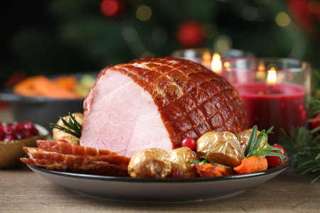 Christmas food. Tasty baked ham served on wooden table, closeupの写真素材