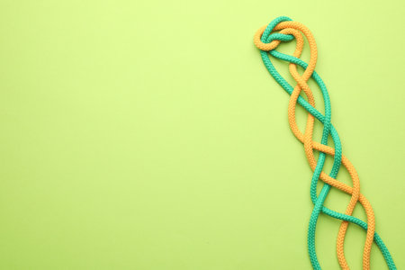 Braided colorful ropes on green background, top view with space for text. Unity concept