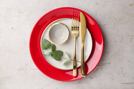Beautiful plates, sauce bowl, golden cutlery and eucalyptus branch on gray textured table, top viewの写真素材