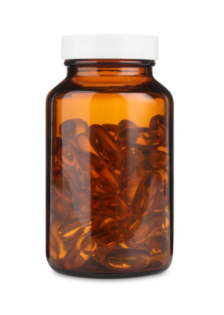 Medical bottle with pills isolated on whiteの写真素材