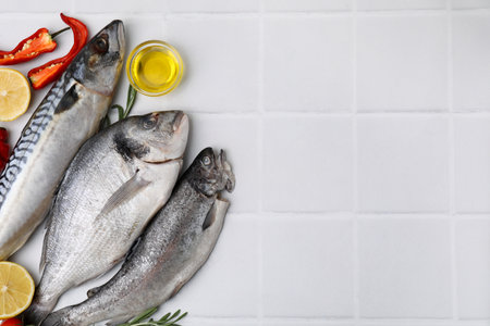 Seafood. Different types of raw fish and products on white tiled table, flat lay. Space for textの写真素材