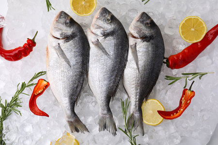 Seafood. Fresh raw fish, lemons, chili and rosemary on ice cubes, flat layの写真素材