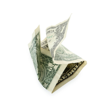 One crumpled dollar banknote isolated on white