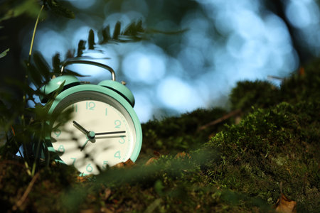 Alarm clock on green moss outdoors, closeup. Space for text
