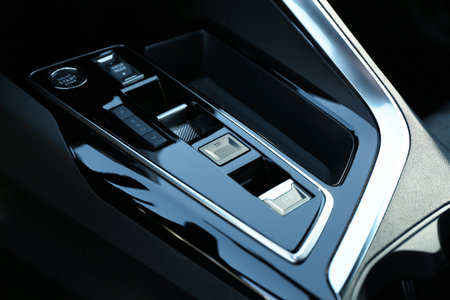 Control panel inside of modern car, closeup view