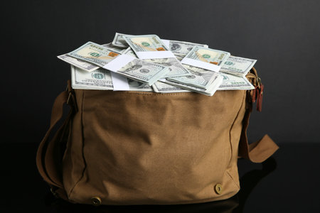 Dollar banknotes in bag on black mirror surfaceの写真素材