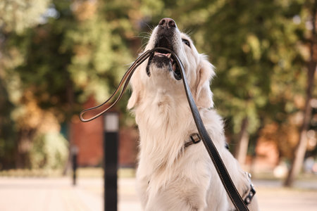 Walking with dog. Cute Golden Retriever with leash outdoorsの写真素材