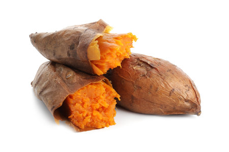 Tasty cooked sweet potatoes isolated on whiteの写真素材