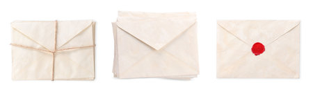 Old envelopes isolated on white, set. Letter