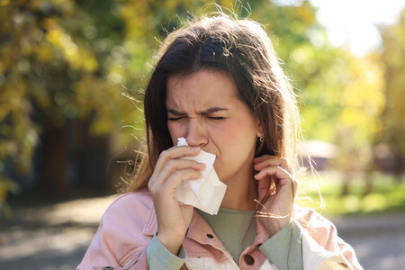 Young woman with runny nose in park