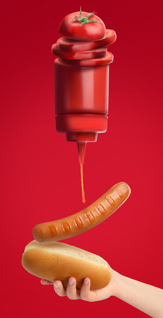 Pouring ketchup on hot dog against red background, creative poster. Sliced tomato on top of bottle. Woman holding bun, closeup. Art collageの写真素材