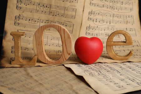 Word Love made of wooden letters and heart with musical notes on black backgroundの写真素材