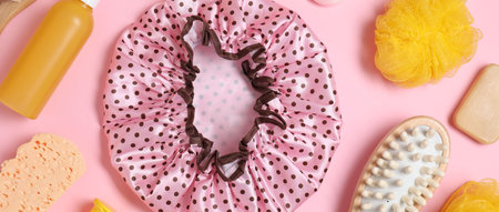 Shower cap and bath accessories on pink background, flat lay
