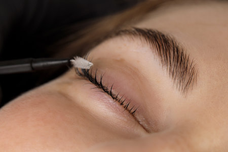 Brushing woman's lashes after lamination procedure, closeupの写真素材