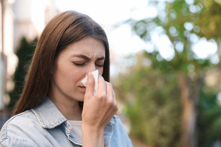 Woman with runny nose in park, space for textの写真素材
