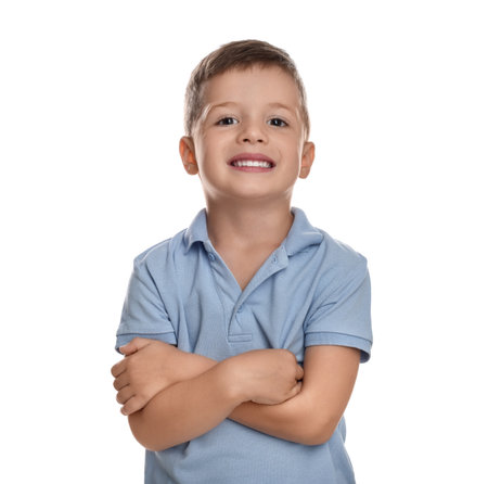 Portrait of cute little boy on white backgroundの写真素材