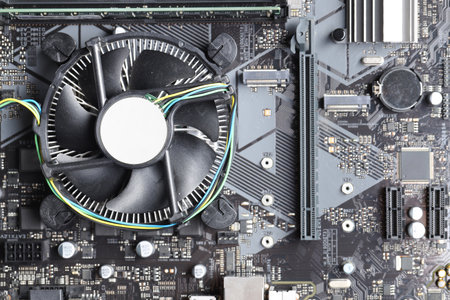 Computer motherboard as background, top view. Electronic engineering