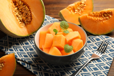 Pieces of ripe Cantaloupe melon in bowl and fork on table, closeupの写真素材