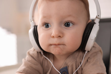 Cute little baby with headphones at homeの写真素材