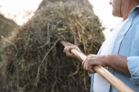 Senior man pitching hay on farmland, closeupの写真素材