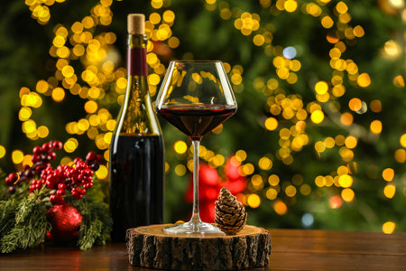Glass and bottle of red wine with Christmas decor on wooden table against blurred lights. Bokeh effectの写真素材