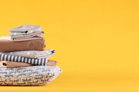 Stack of clean bed linen and pillow on yellow background. Space for textの写真素材