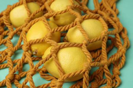 Macrame shopping bag with lemons on turquoise background, closeupの写真素材