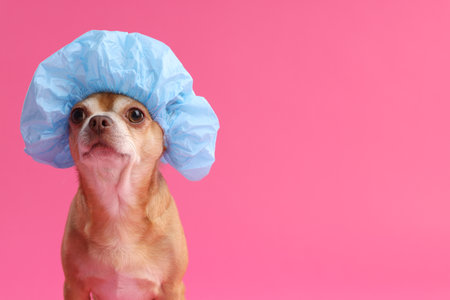 Cute funny dog in light blue shower cap on pink background. Space for textの写真素材