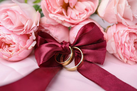 Wedding rings tied with ribbon and beautiful flowers on pink cloth, closeupの写真素材
