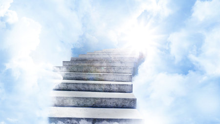 Staircase among clouds leading towards light in sky. Banner designの写真素材