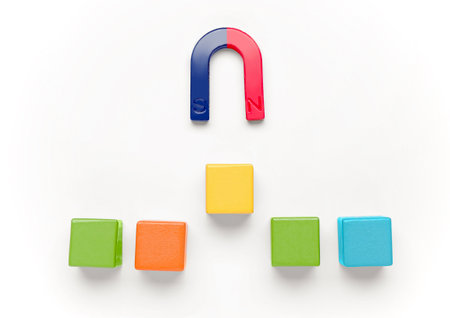 Magnet attracting colorful cubes on white background, flat lay