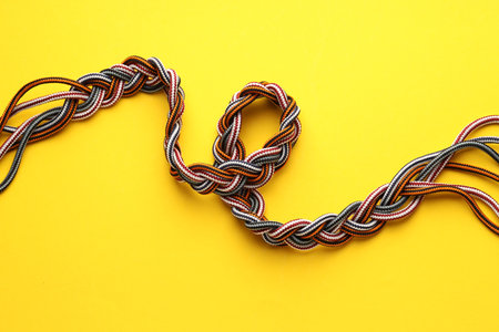 Braided colorful ropes on yellow background, top view. Unity concept