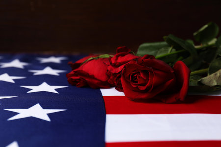 Veterans day. American flag and roses, closeupの写真素材