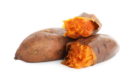 Tasty cooked sweet potatoes isolated on whiteの写真素材