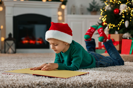 Person wearing a Santa hat reading book on rug in room decorated for Christmasの写真素材