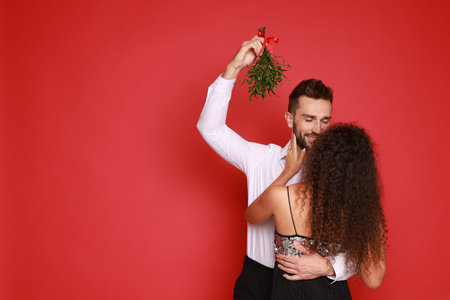 Lovely couple under mistletoe bunch on red background. Space for textの写真素材