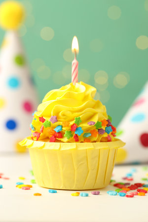 Tasty cupcake with burning candle and party cones on green background with blurred lightsの写真素材