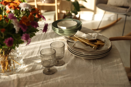 Stylish table setting with dishware, glasses and beautiful flowers indoors